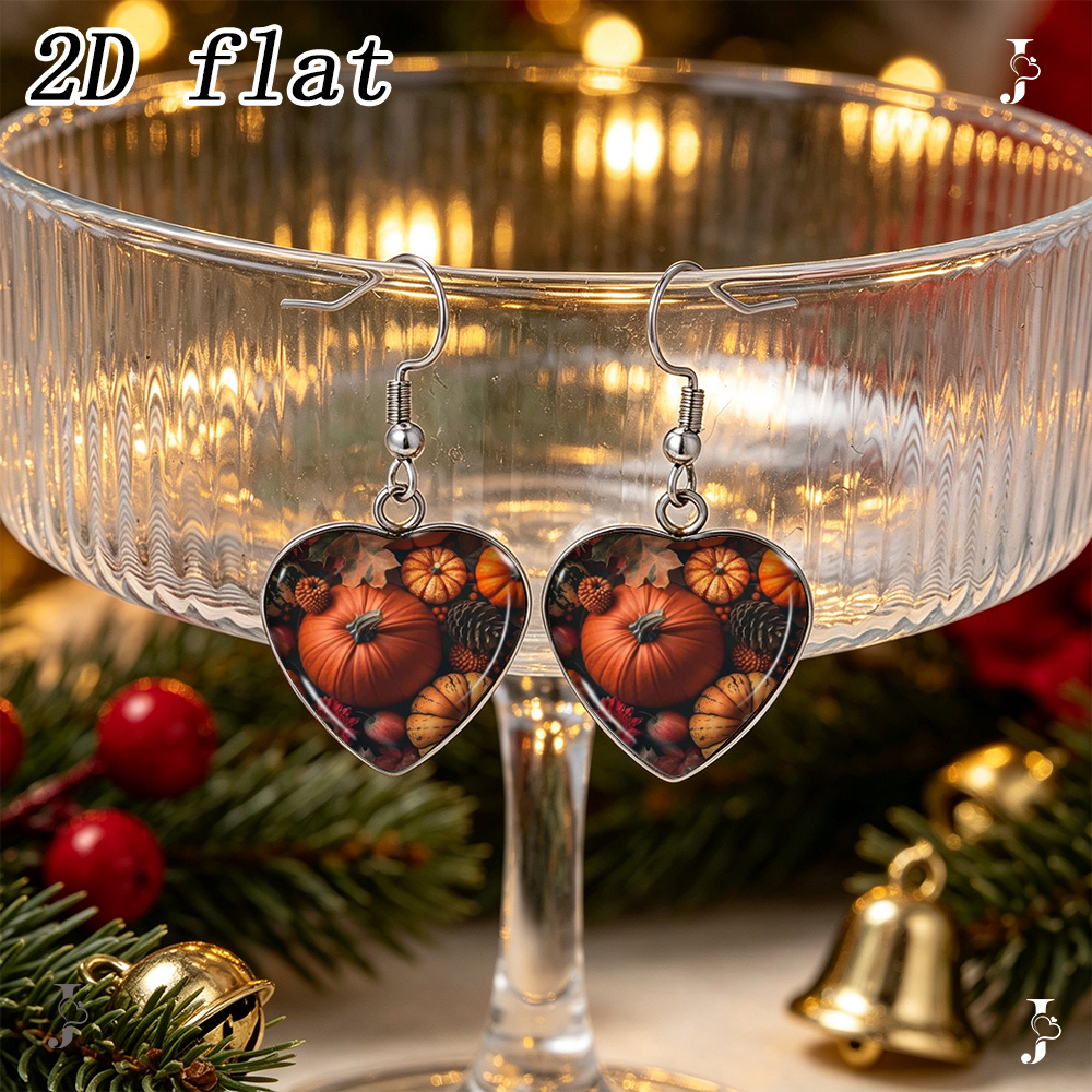 Autumn Harvest Pumpkin Maple Leaf Heart Dangle Earrings, Handmade Gift